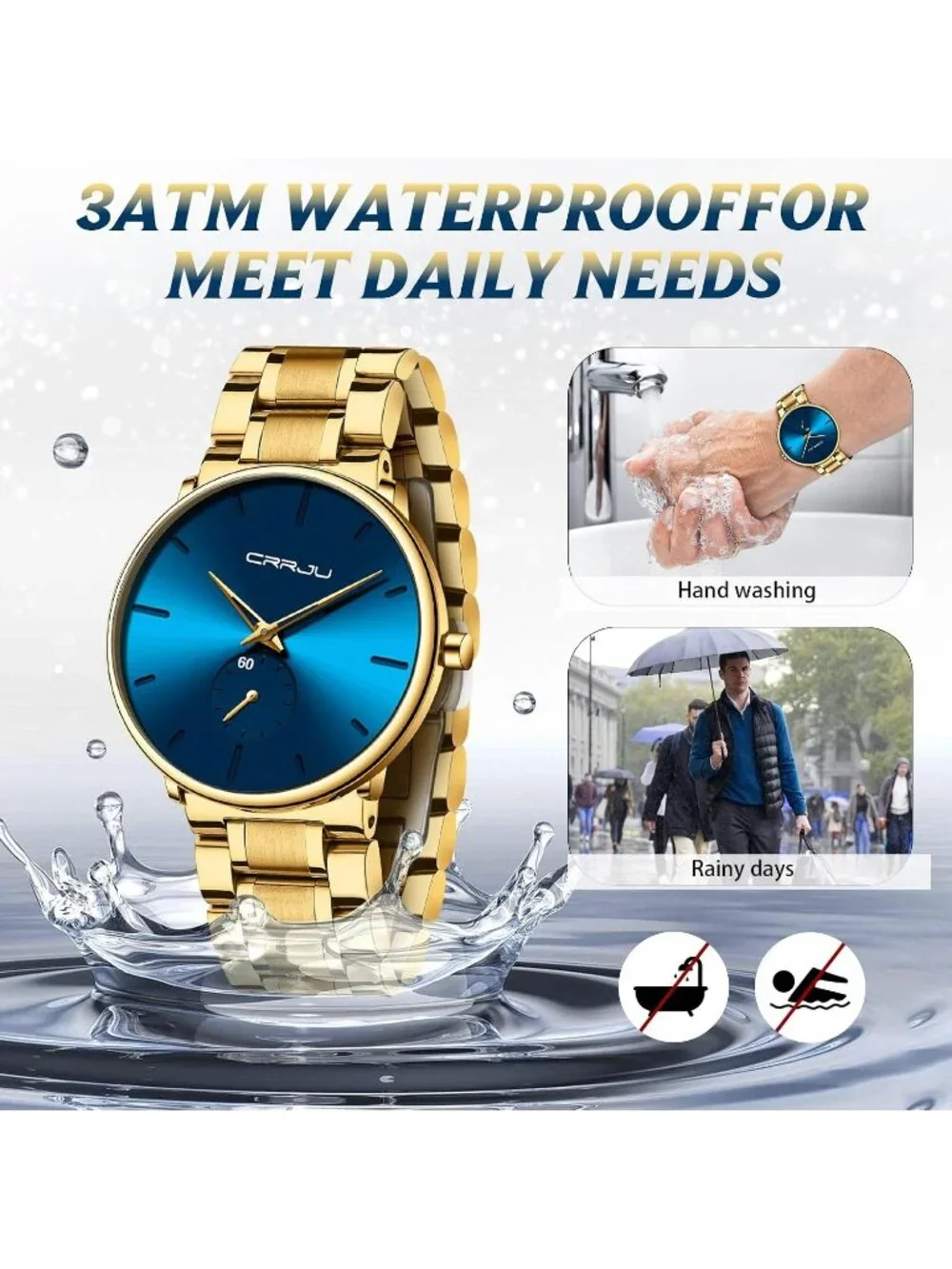 Unisex Blue Gold Ultra-Thin Minimalist Waterproof Stainless Steel Band Watch